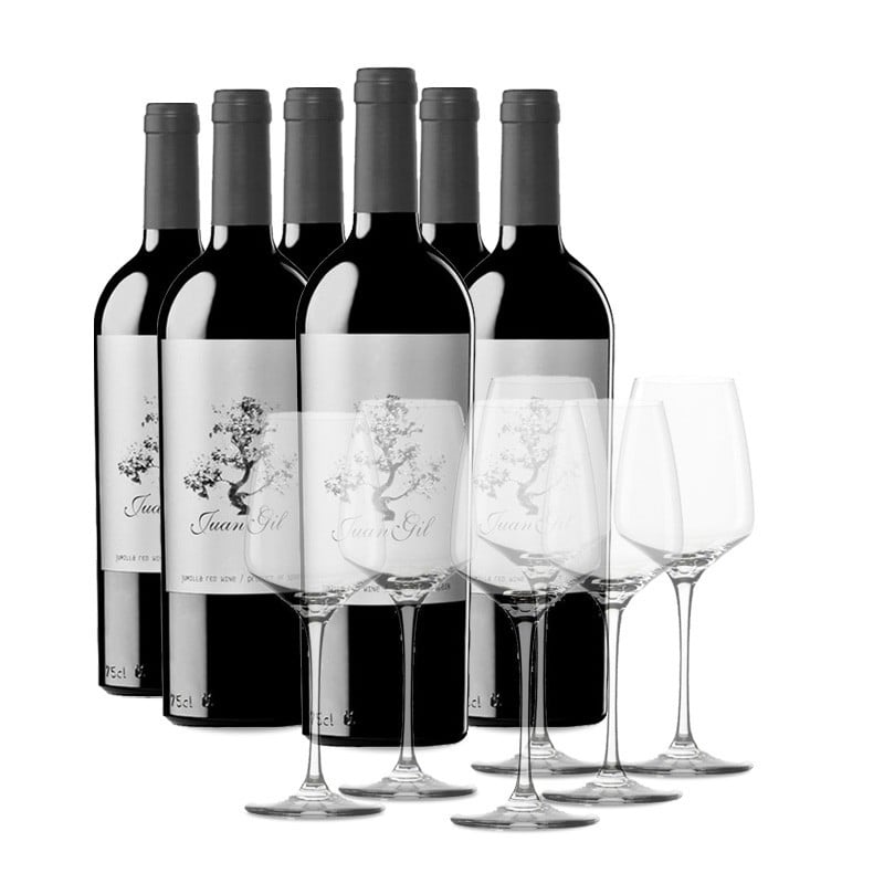 Estuche 6 Botellas De Juan Gil Etiqueta Plata 12 Meses + 6 Copas Vinos Con Copas