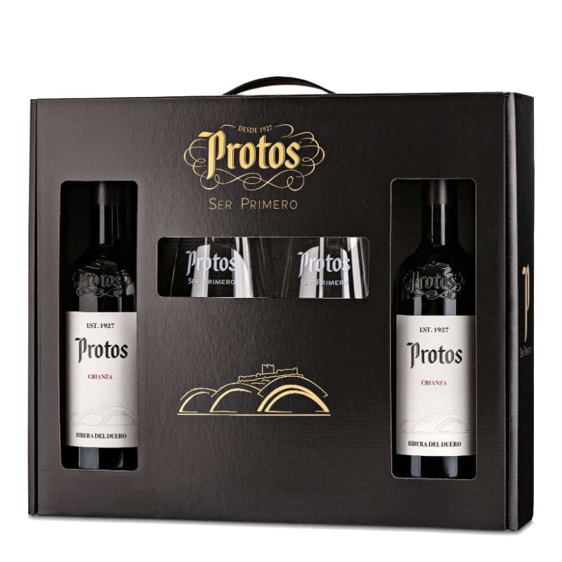 Estuche 2 Botellas Protos Crianza + 2 Copas Vinos Con Copas