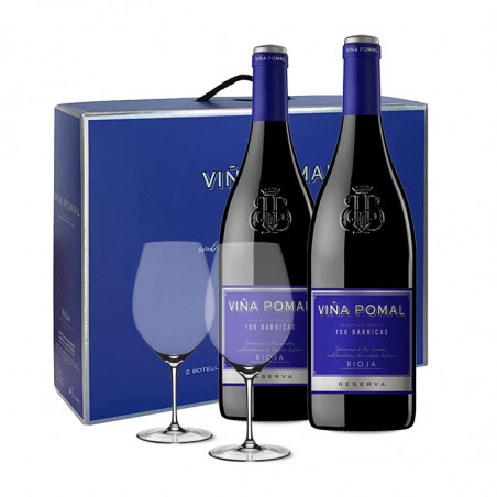 Estuche 2 botellas Viña Pomal 106 Barricas Reserva + 2 copas